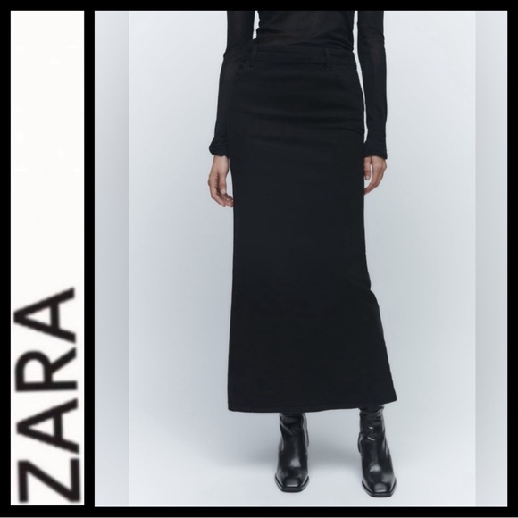 NWOT Zara Black Denim Maxi Skirt with High Slit - Picture 4 of 10